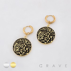 PAIR OF FLORAL FILIGREE CIRCLE DANGLE 316L SURGICAL STEEL HUGGIE/HOOP EARRINGS 